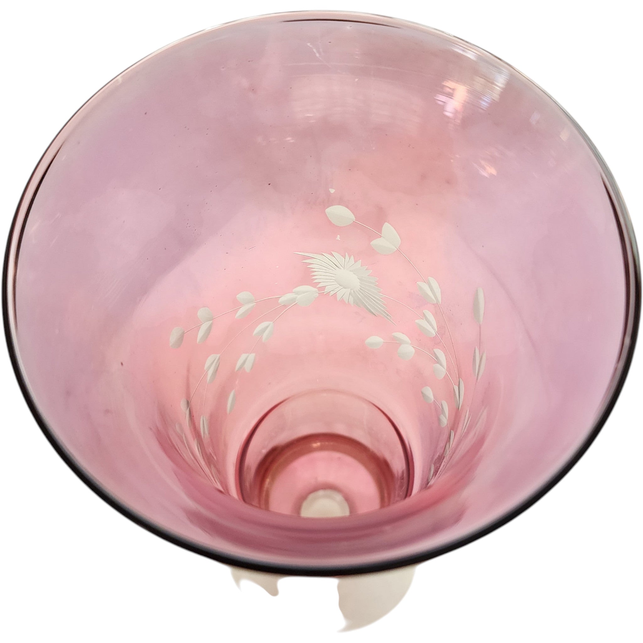 Cranberry Pink Glass Footed Bud Vase with Etched Floral Design