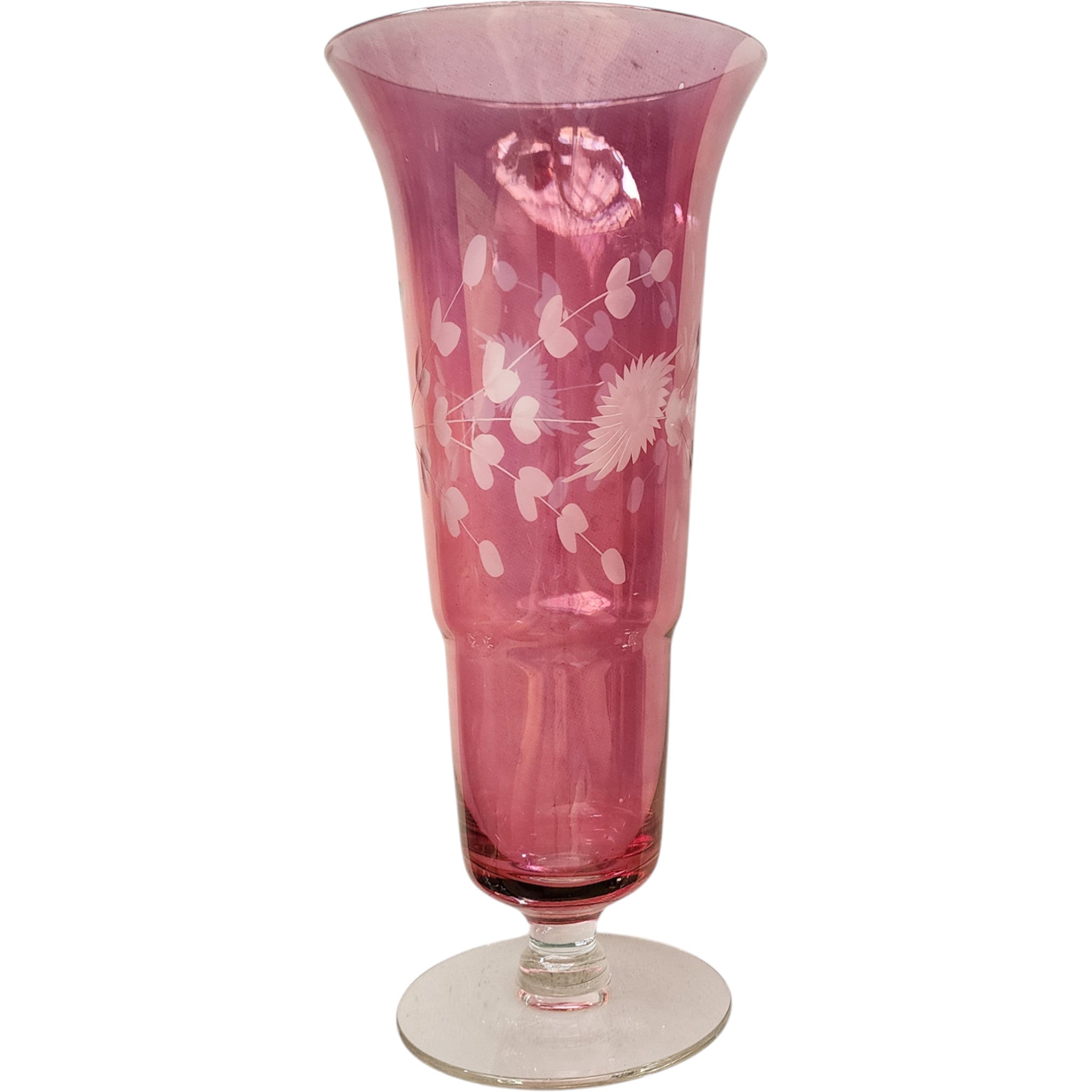 Cranberry Pink Glass Footed Bud Vase with Etched Floral Design