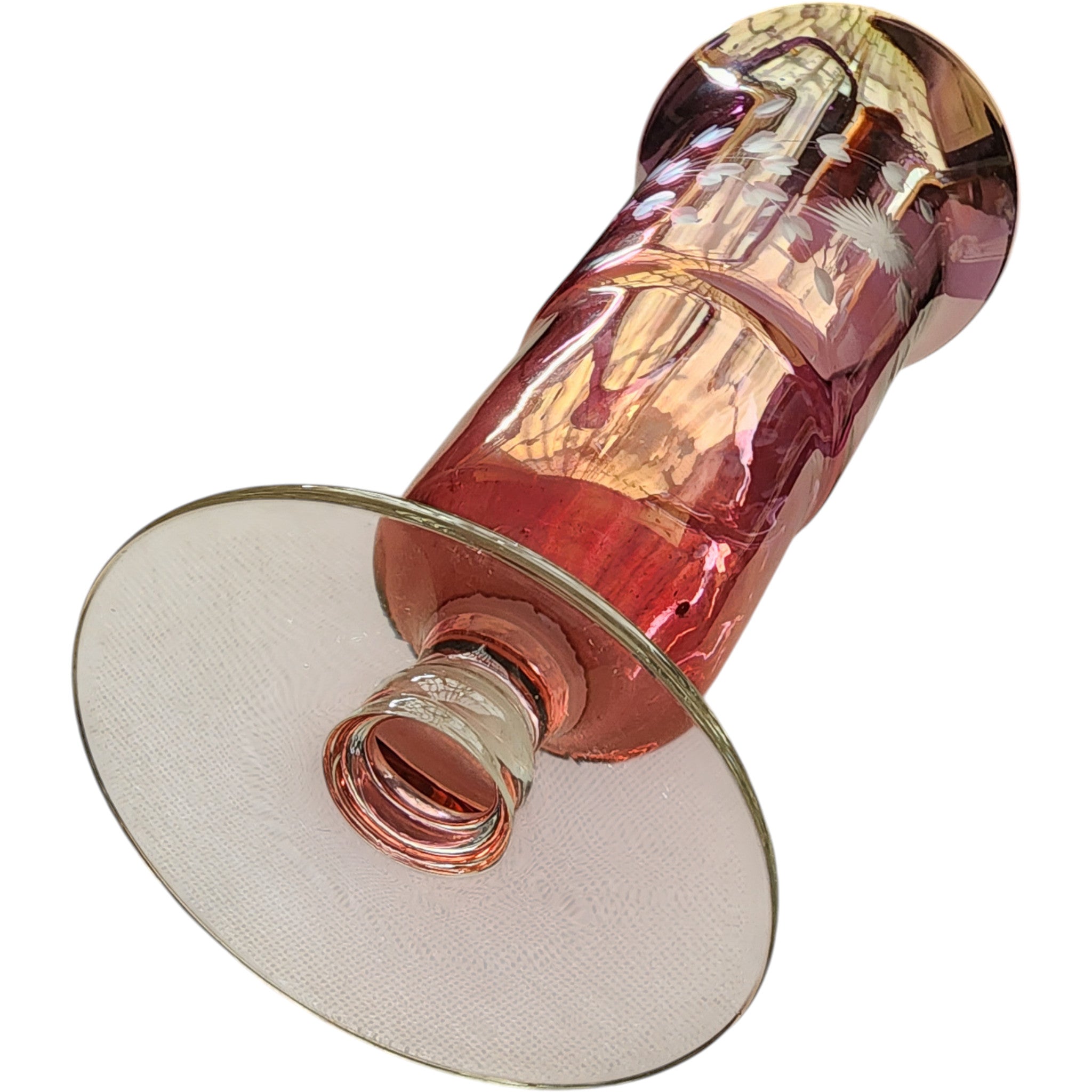Cranberry Pink Glass Footed Bud Vase with Etched Floral Design