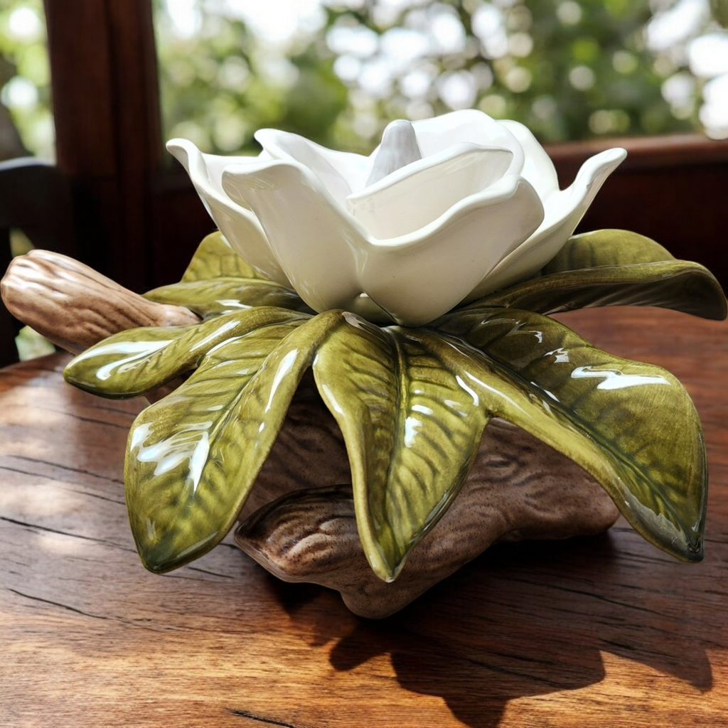 Jamar Mallory Ceramics Studio Cream and Green Ceramic Magnolia Flower Sculpture