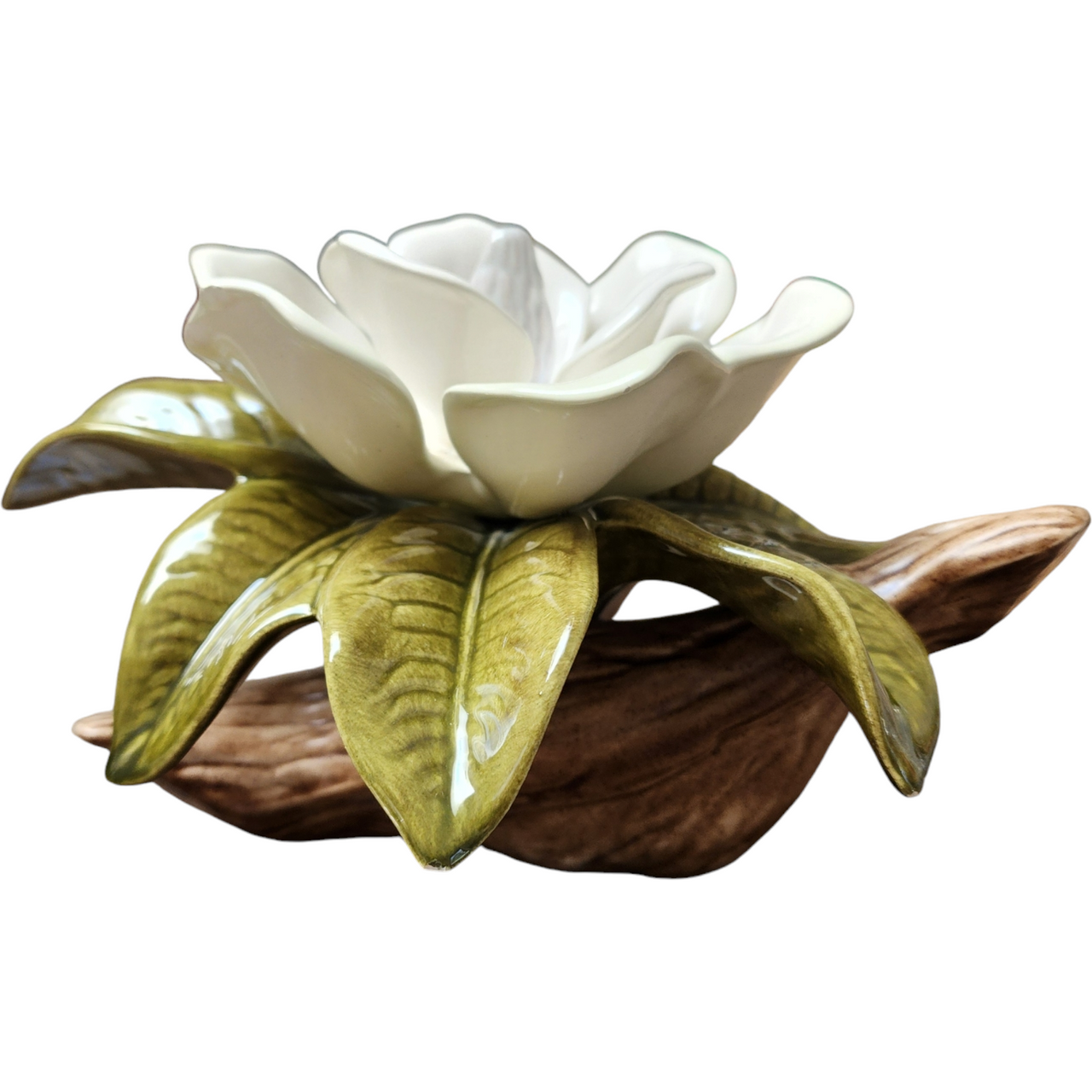 Jamar Mallory Ceramics Studio Cream and Green Ceramic Magnolia Flower Sculpture