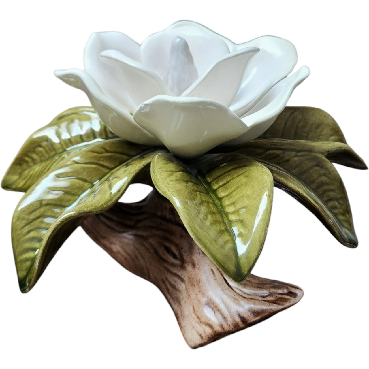 Jamar Mallory Ceramics Studio Cream and Green Ceramic Magnolia Flower Sculpture