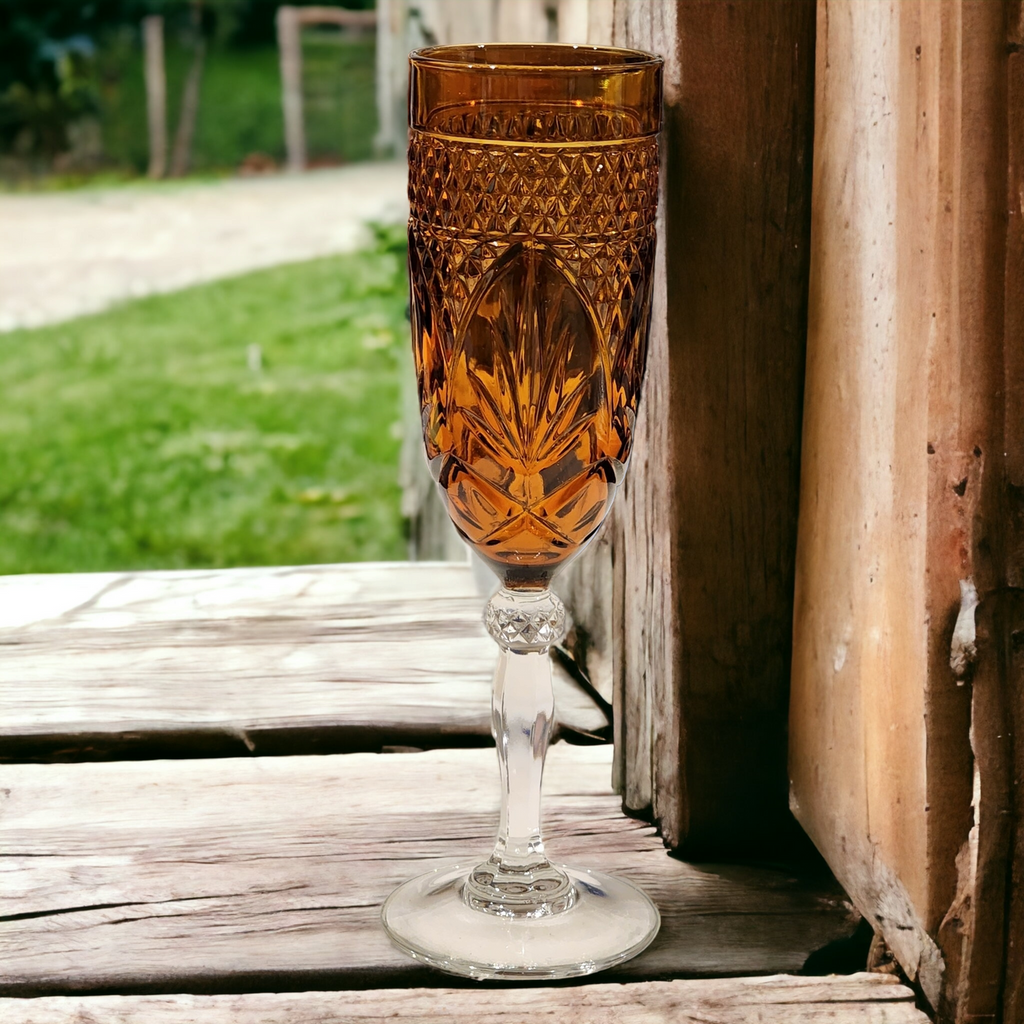 Cristal D'Arques-Durand Amber Bowl, Clear Stem Antique Amber Fluted Champagne Glass