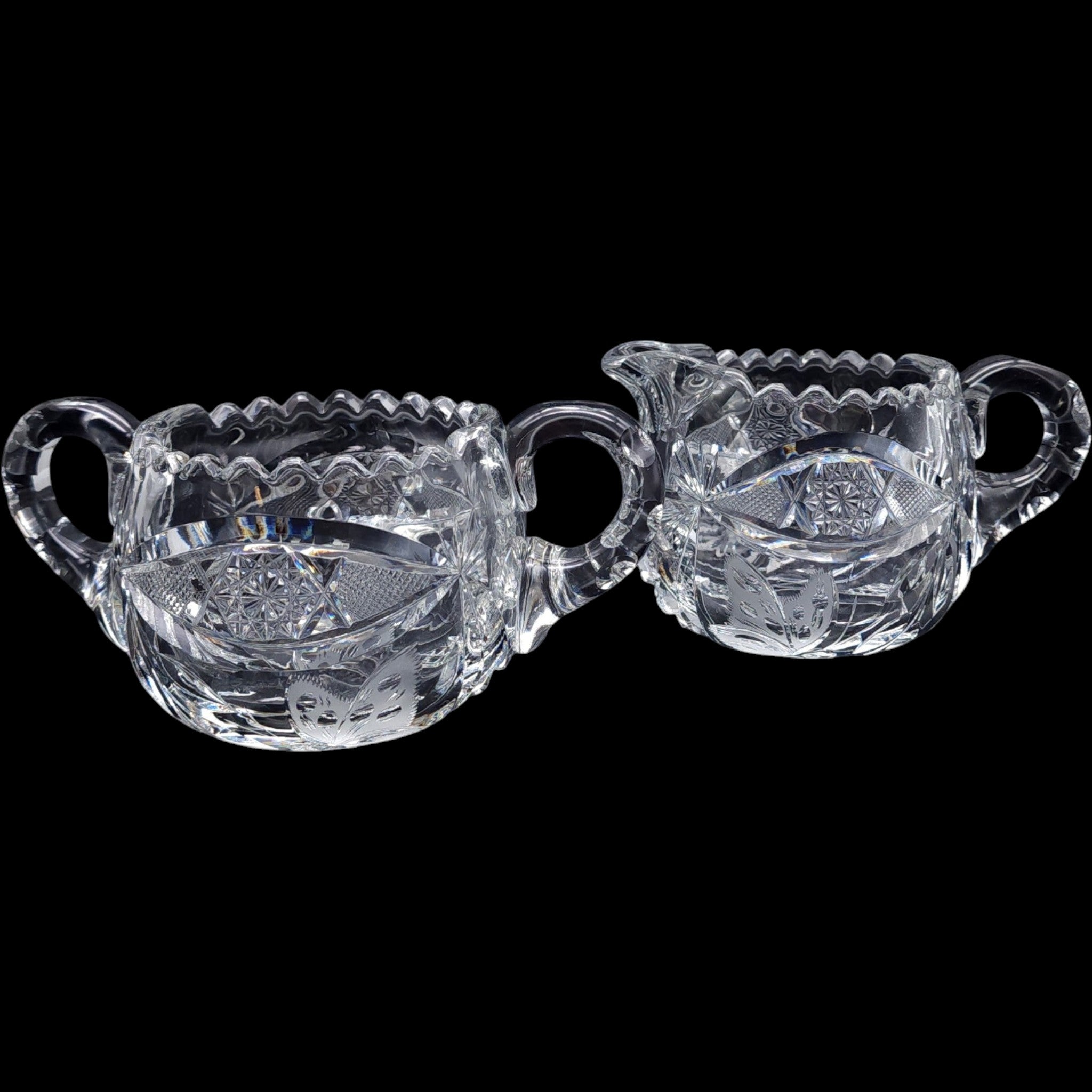 Cut Glass Creamer and Sugar Bowl Set with Wheel-Cut Floral Base