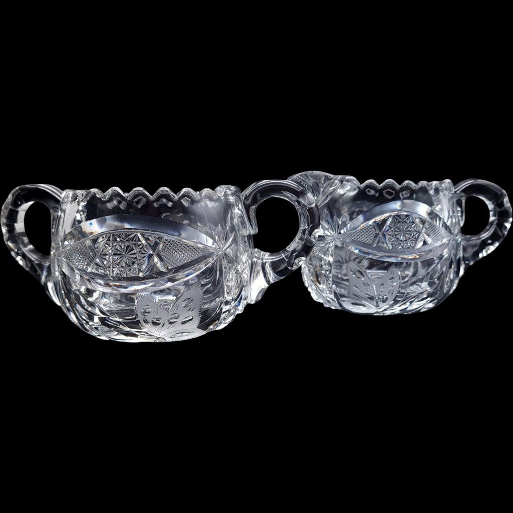Cut Glass Creamer and Sugar Bowl Set with Wheel-Cut Floral Base