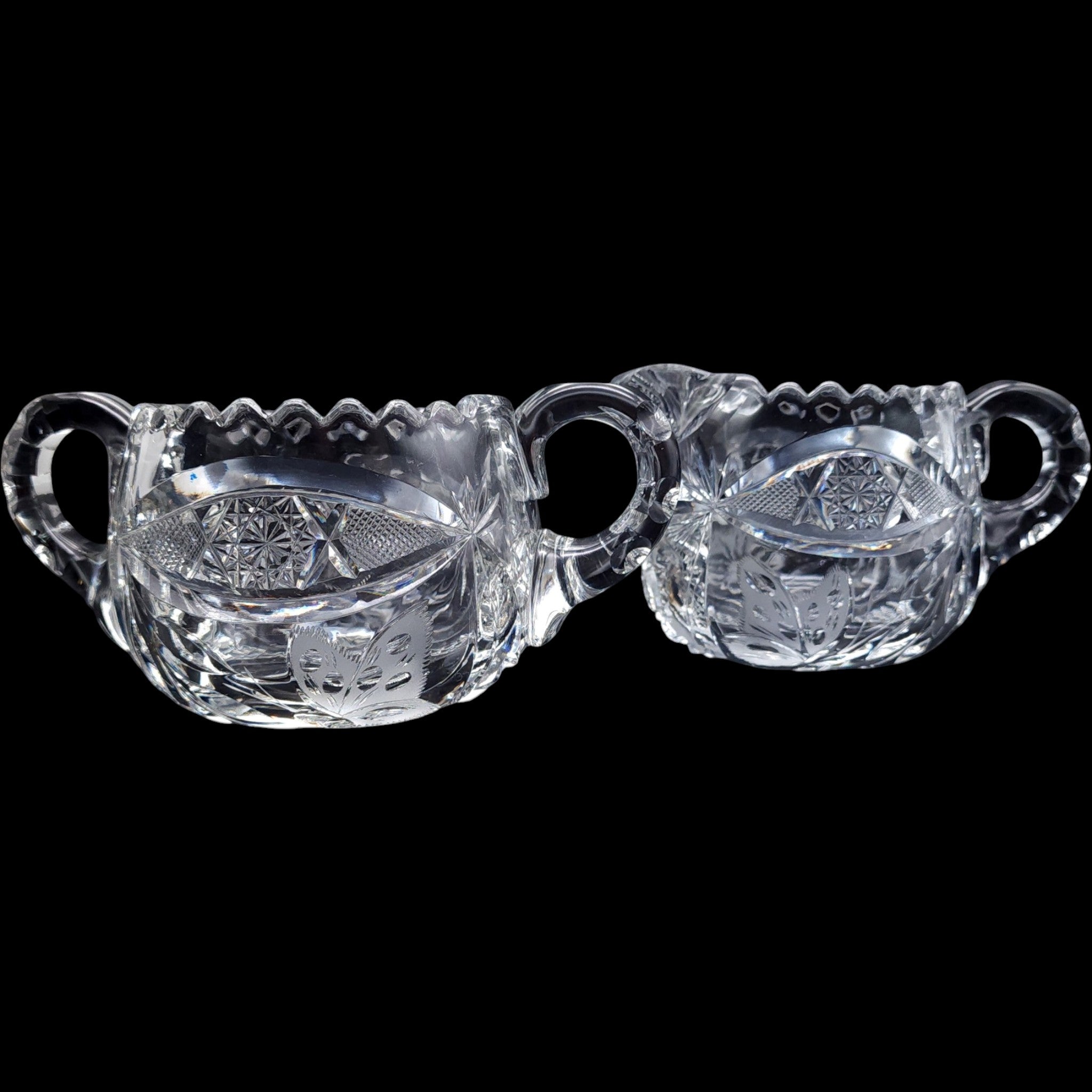 Cut Glass Creamer and Sugar Bowl Set with Wheel-Cut Floral Base