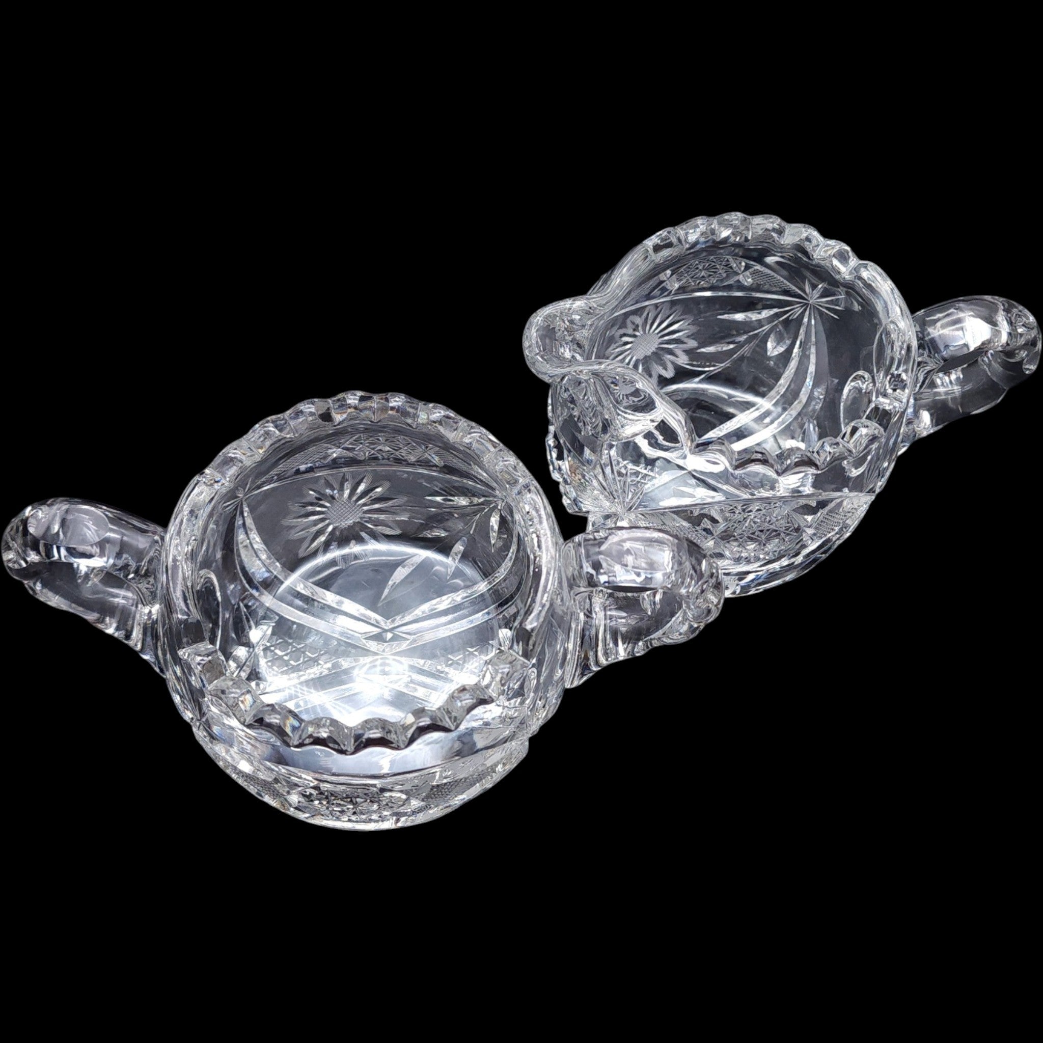 Cut Glass Creamer and Sugar Bowl Set with Wheel-Cut Floral Base