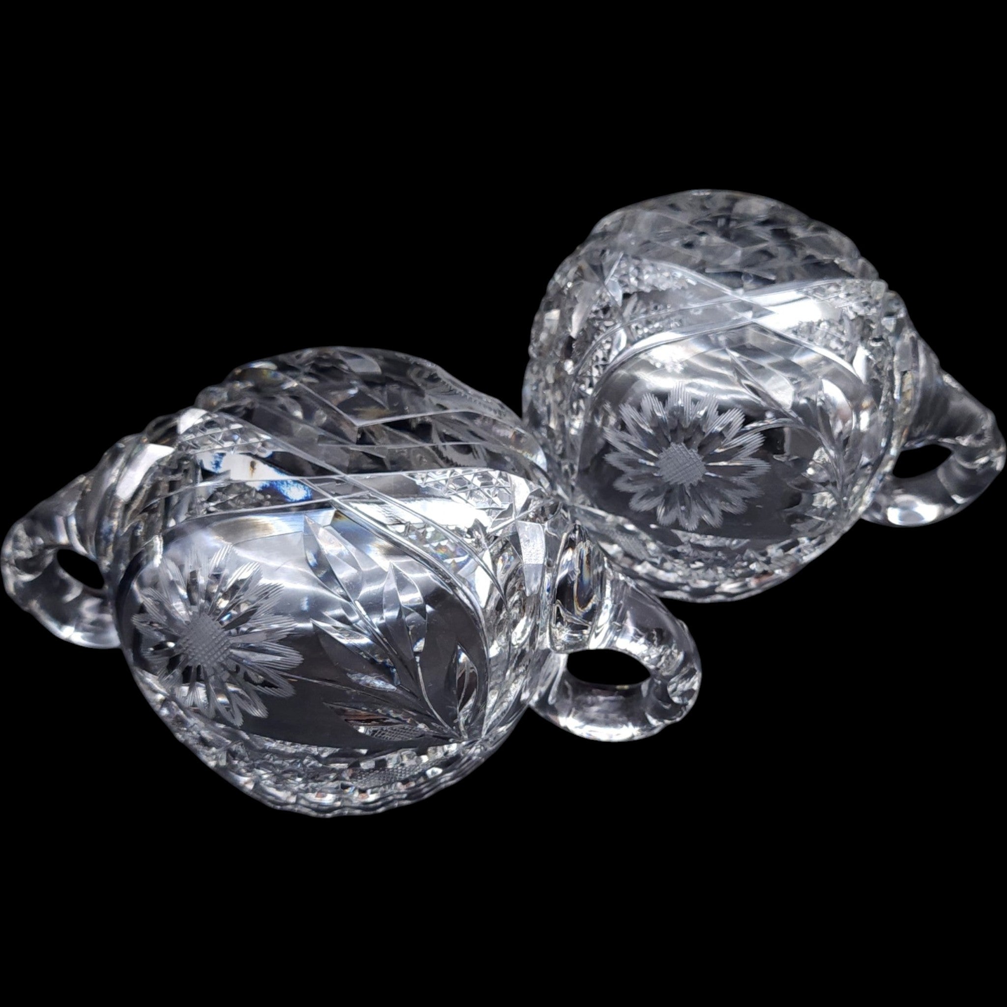 Cut Glass Creamer and Sugar Bowl Set with Wheel-Cut Floral Base