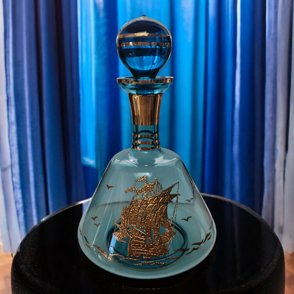 Bohemian Czech Glass Large Aqua Blue and Applied Gold Ship's Decanter