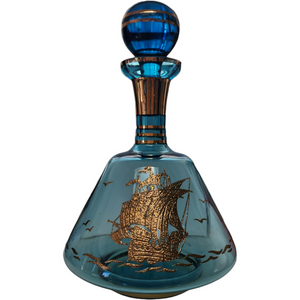 Bohemian Czech Glass Large Aqua Blue and Applied Gold Ship's Decanter