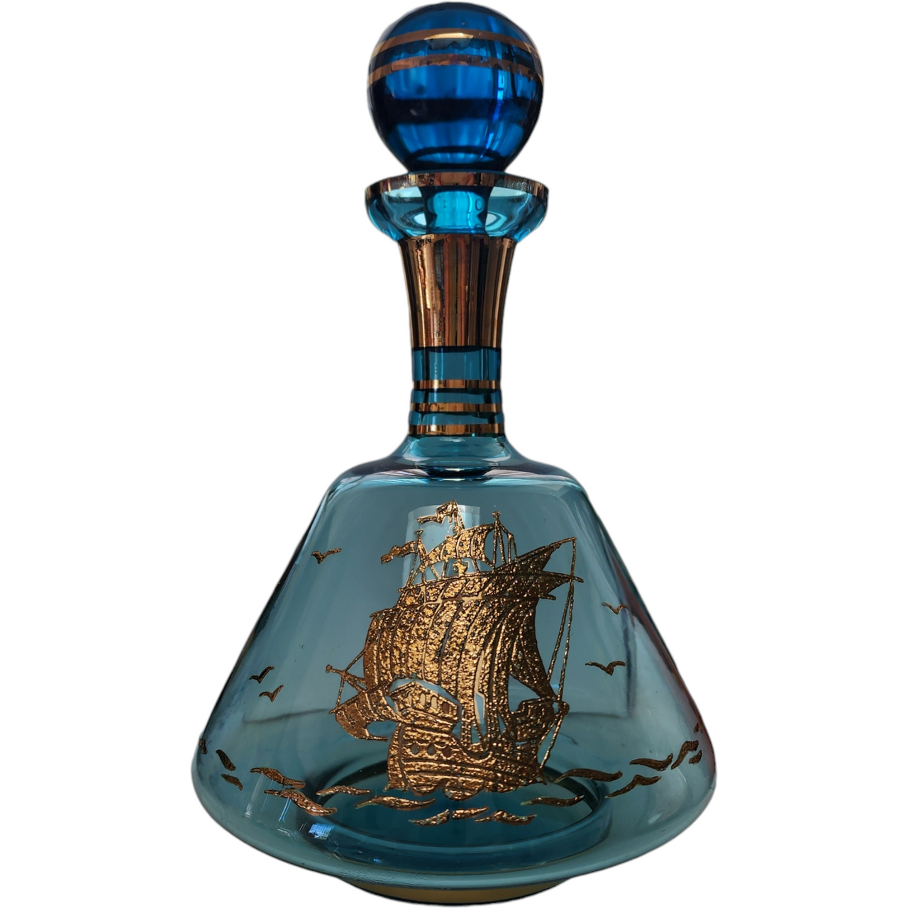 Bohemian Czech Glass Large Aqua Blue and Applied Gold Ship's Decanter