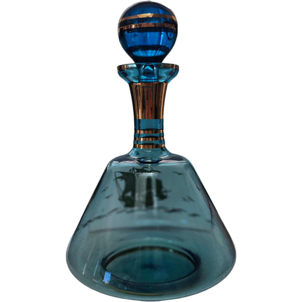 Bohemian Czech Glass Large Aqua Blue and Applied Gold Ship's Decanter