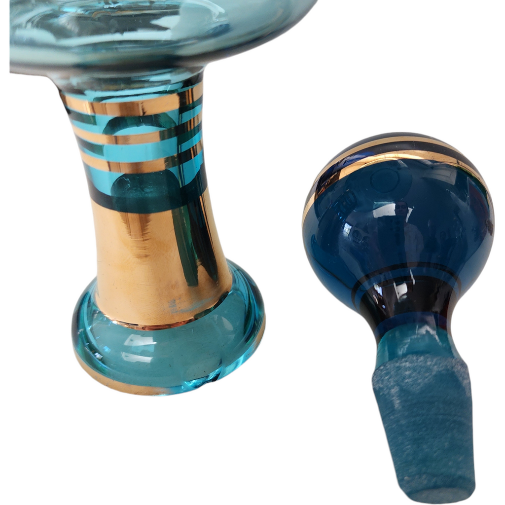 Bohemian Czech Glass Large Aqua Blue and Applied Gold Ship's Decanter
