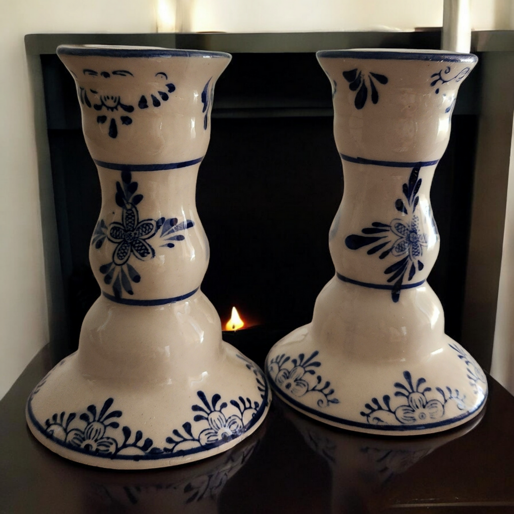 Delft Blue White Porcelain Candle Holders Windmill Floral Boxed