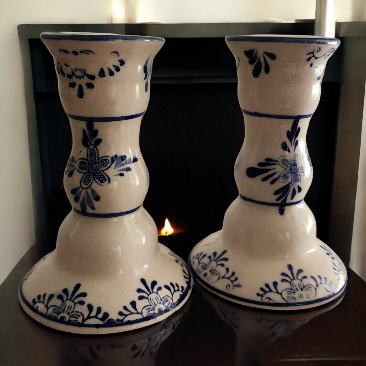 Delft Blue White Porcelain Candle Holders Windmill Floral Boxed