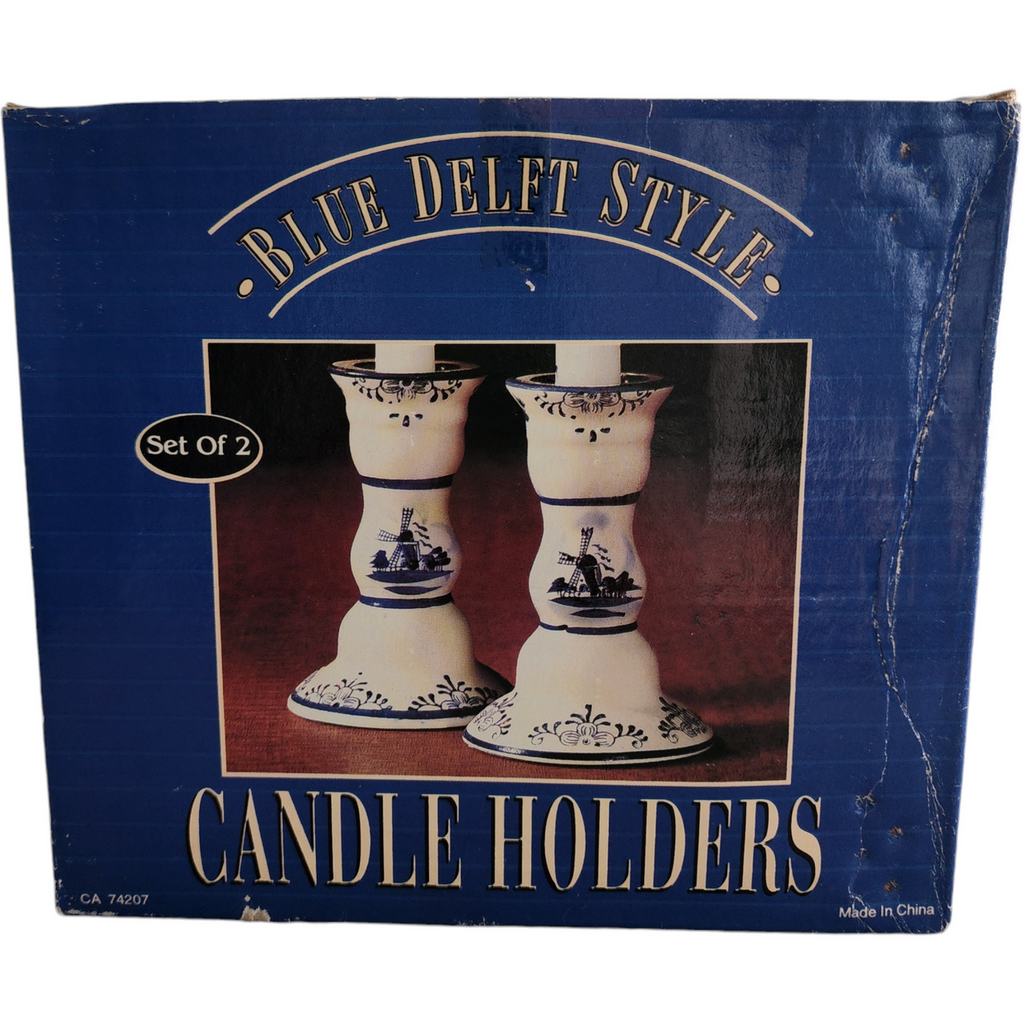 Delft Blue White Porcelain Candle Holders Windmill Floral Boxed