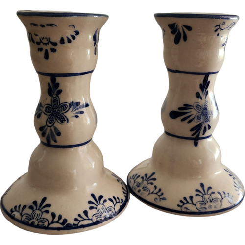 Delft Blue White Porcelain Candle Holders Windmill Floral Boxed