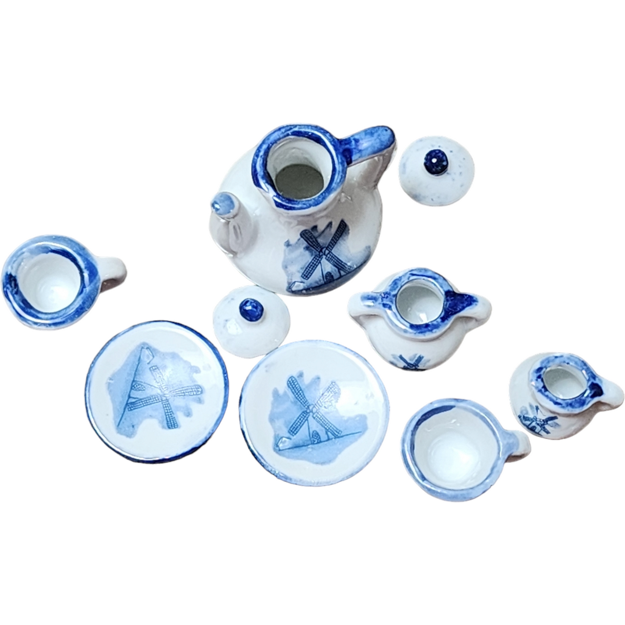 Delft Windmill Blue White Porcelain Dollhouse Holland 9 Pc Miniature Tea Set