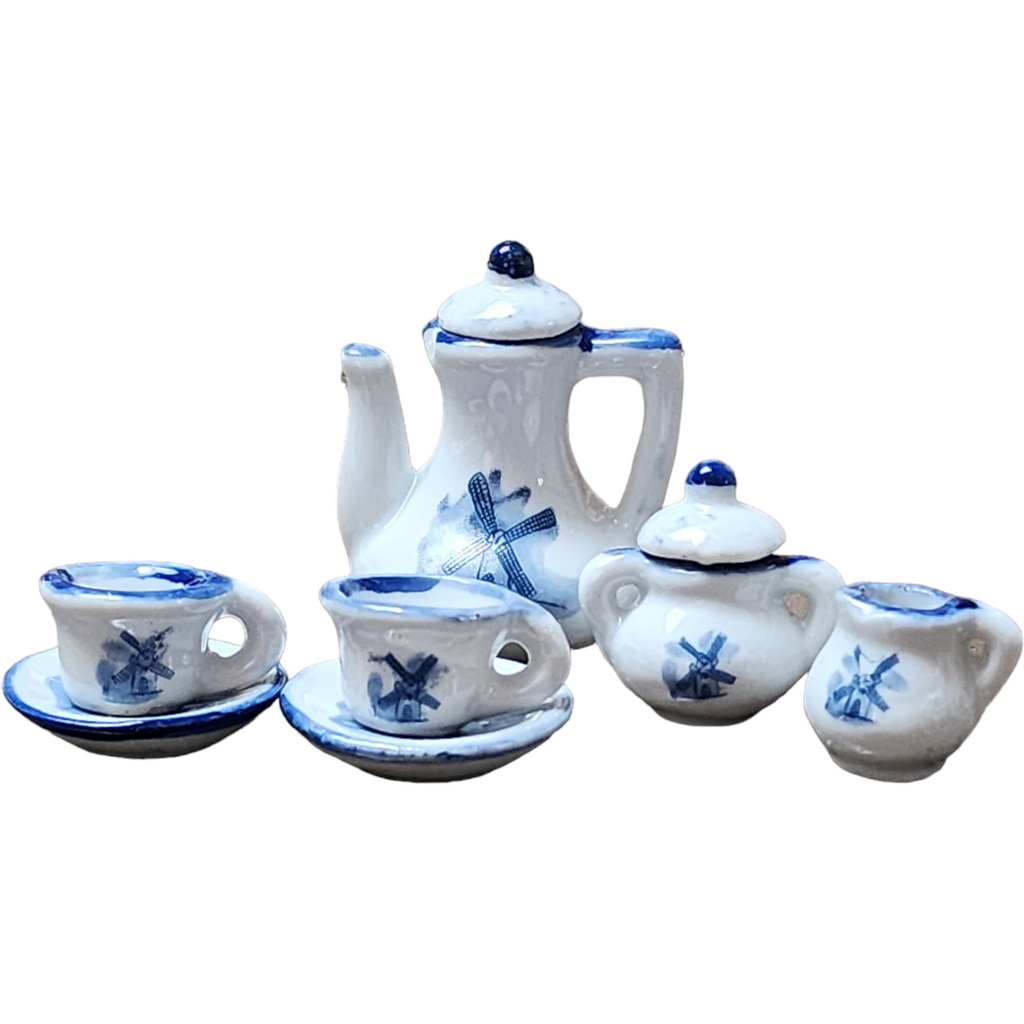 Delft Windmill Blue White Porcelain Dollhouse Holland 9 Pc Miniature Tea Set