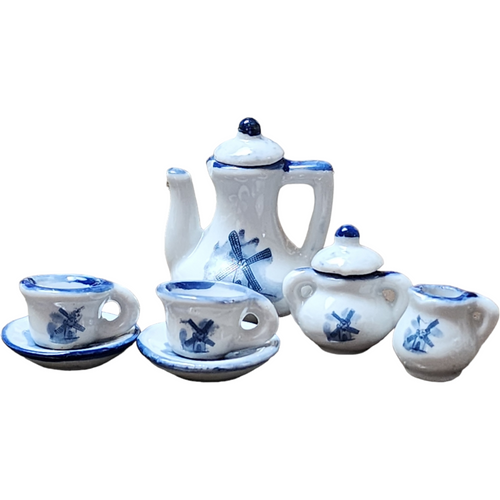 Delft Windmill Blue White Porcelain Dollhouse Holland 9 Pc Miniature Tea Set