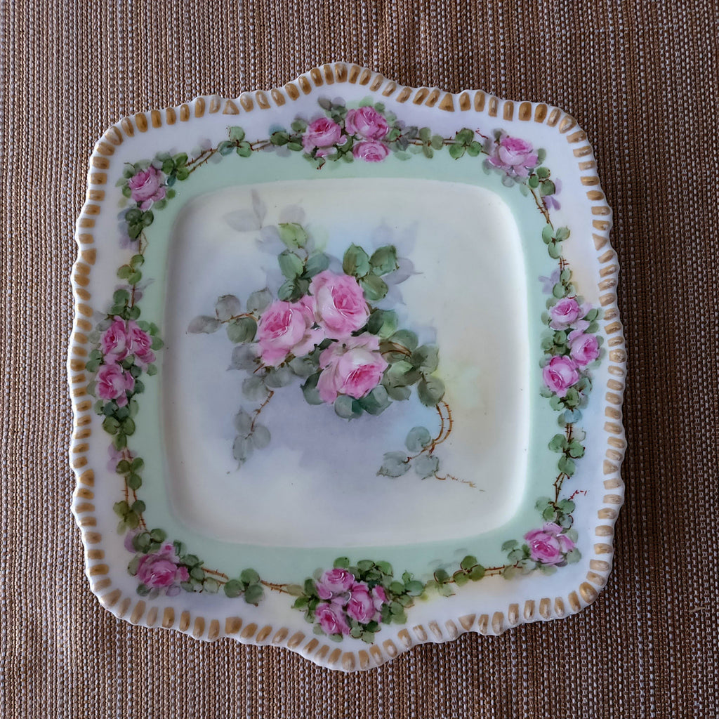 Delinieres & Co. Limoges France 1900 Hand Painted Wild Pink Roses Floral Handle Cake Plate