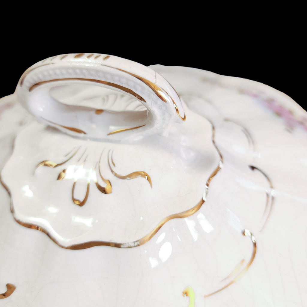Dixie E.P.P. Co Pink Flowers Gold Porcelain Round Soup Tureen & Lid