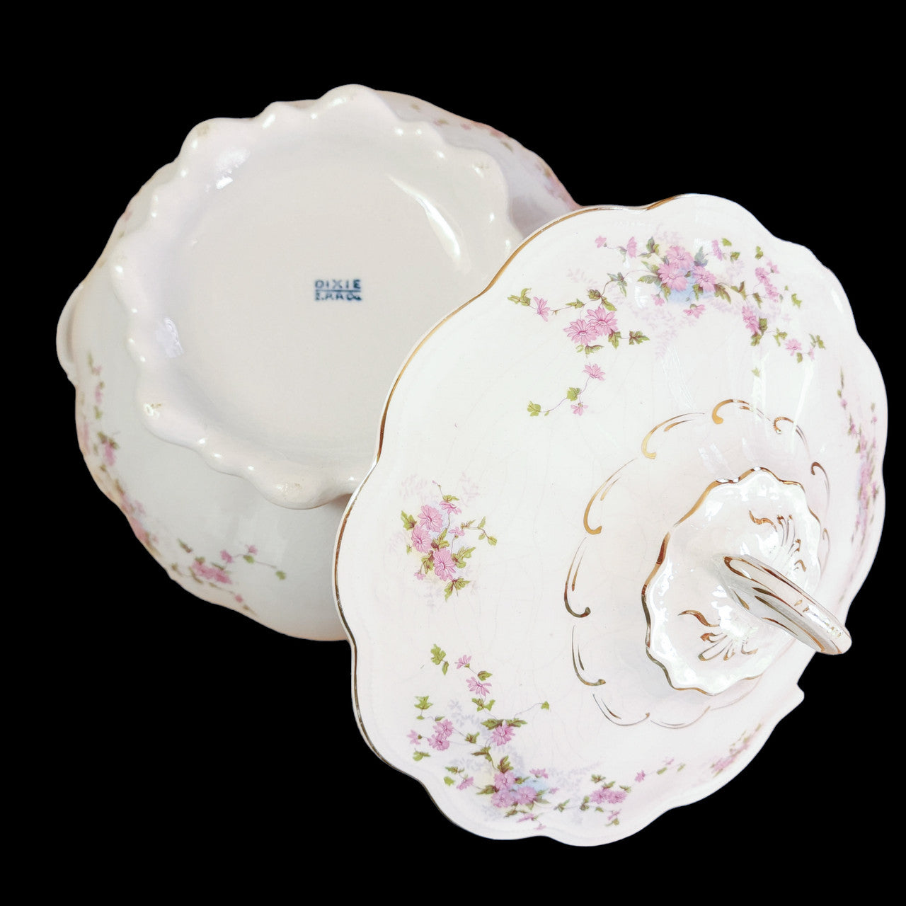 Dixie E.P.P. Co Pink Flowers Gold Porcelain Round Soup Tureen & Lid