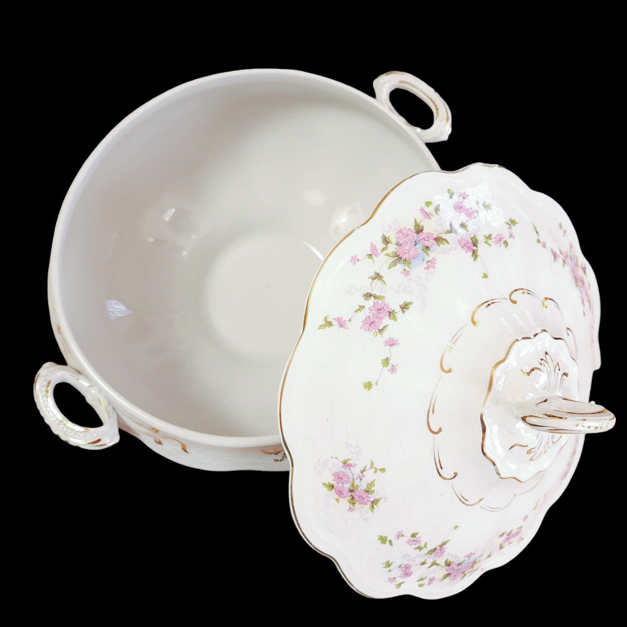 Dixie E.P.P. Co Pink Flowers Gold Porcelain Round Soup Tureen & Lid