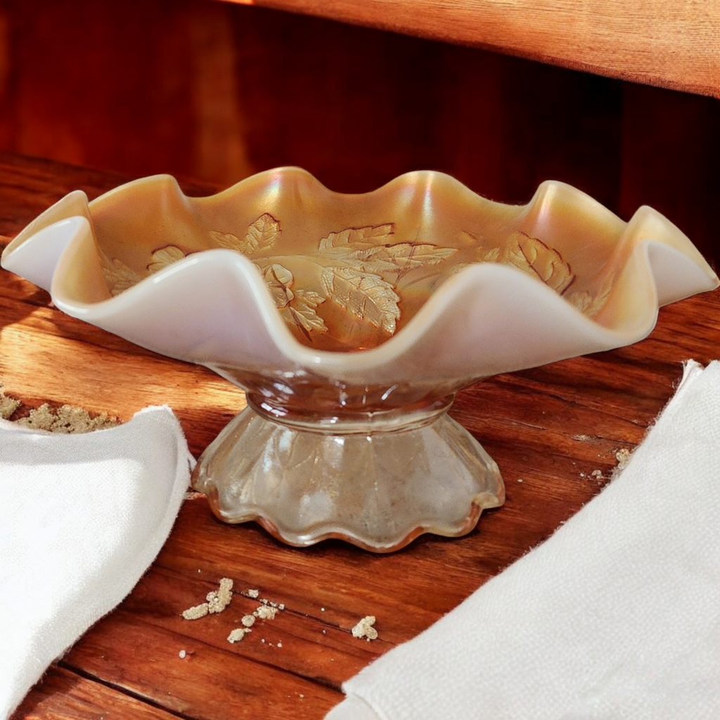 Dugan Art Glass Dogwood Sprays Marigold Opalescent Footed Bowl