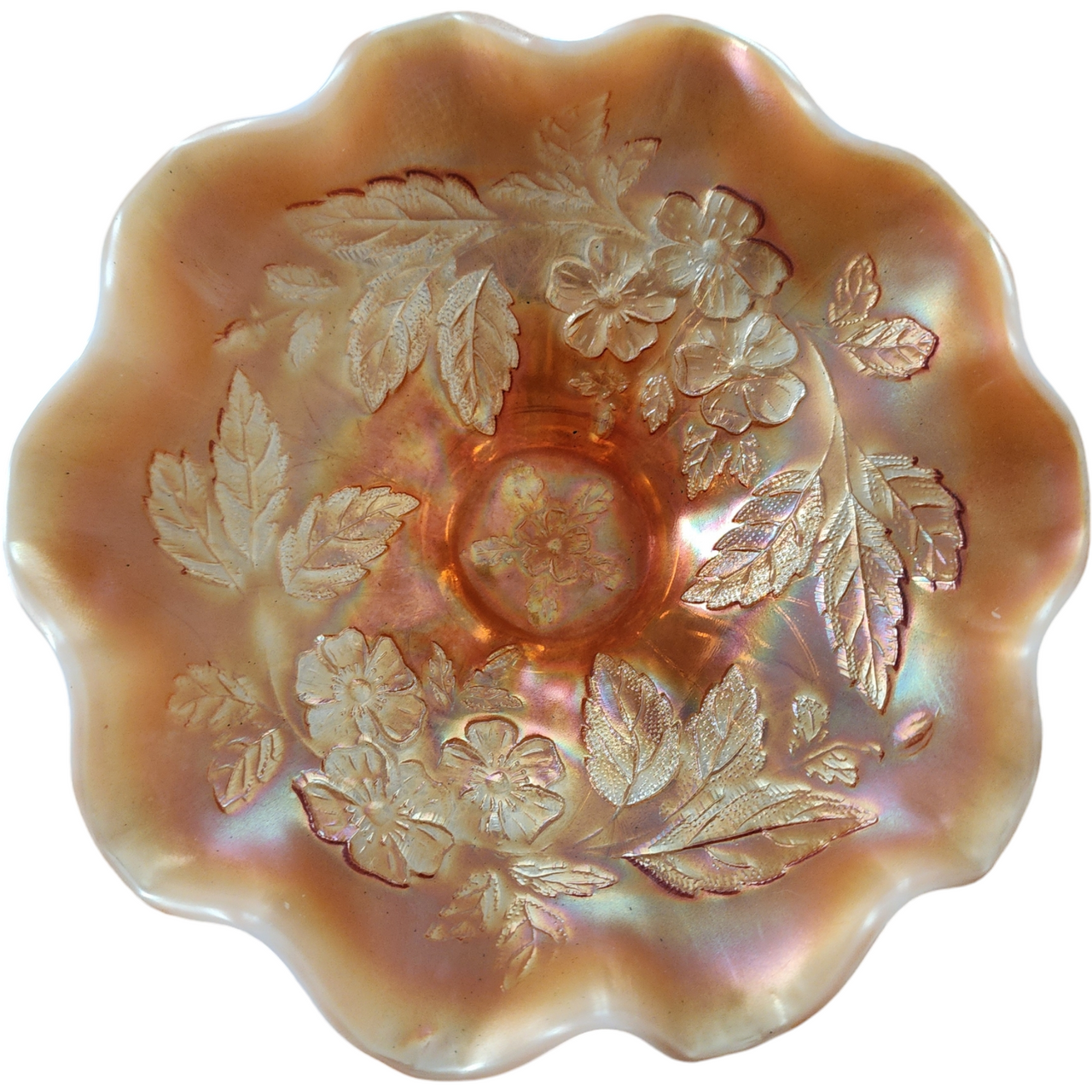 Dugan Art Glass Dogwood Sprays Marigold Opalescent Footed Bowl