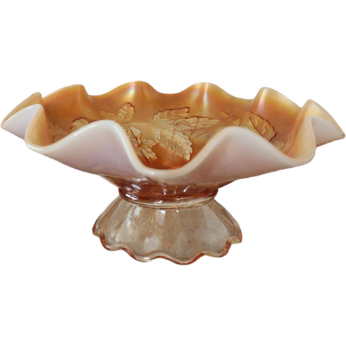 Dugan Art Glass Dogwood Sprays Marigold Opalescent Footed Bowl