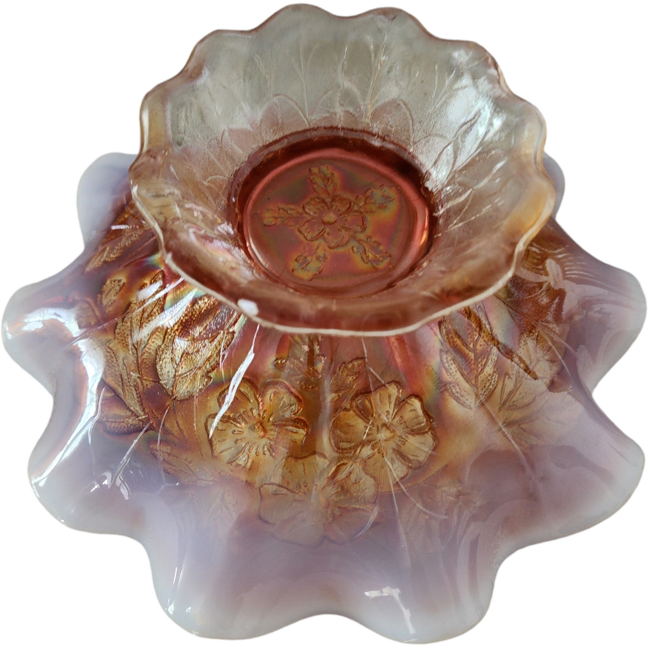 Dugan Art Glass Dogwood Sprays Marigold Opalescent Footed Bowl