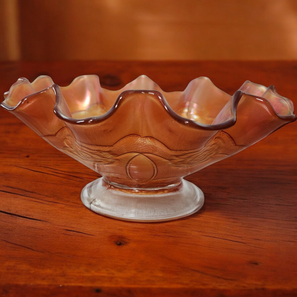 Dugan Art Glass Double Stem Rose Golden Marigold Carnival Footed Bowl