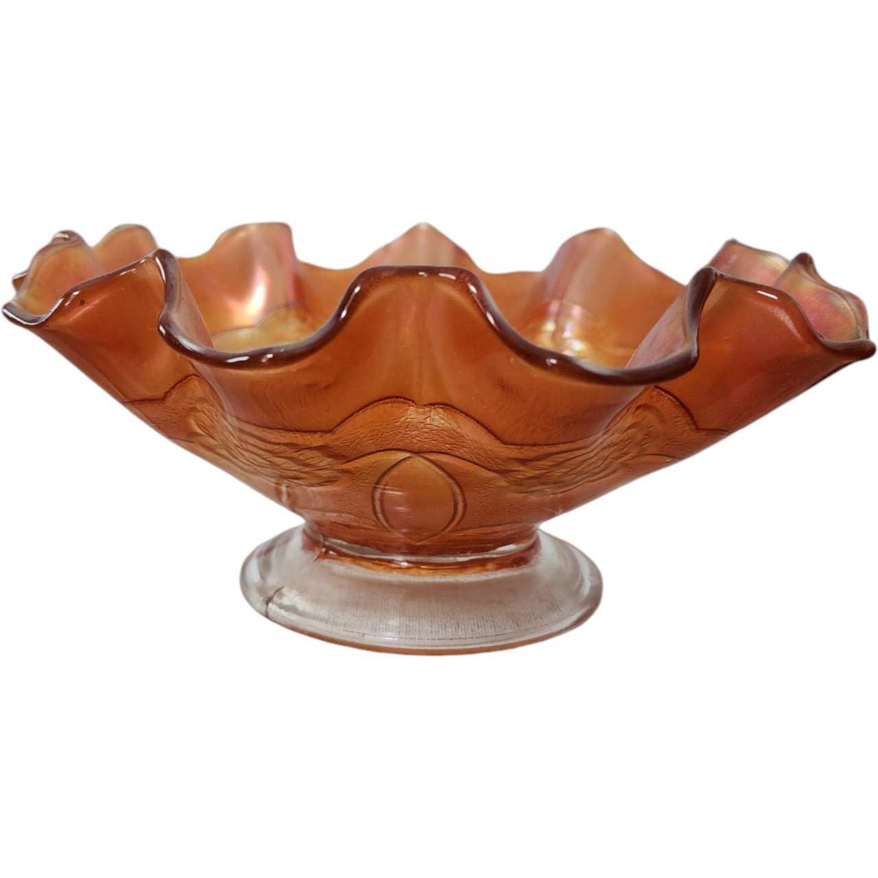 Dugan Art Glass Double Stem Rose Golden Marigold Carnival Footed Bowl