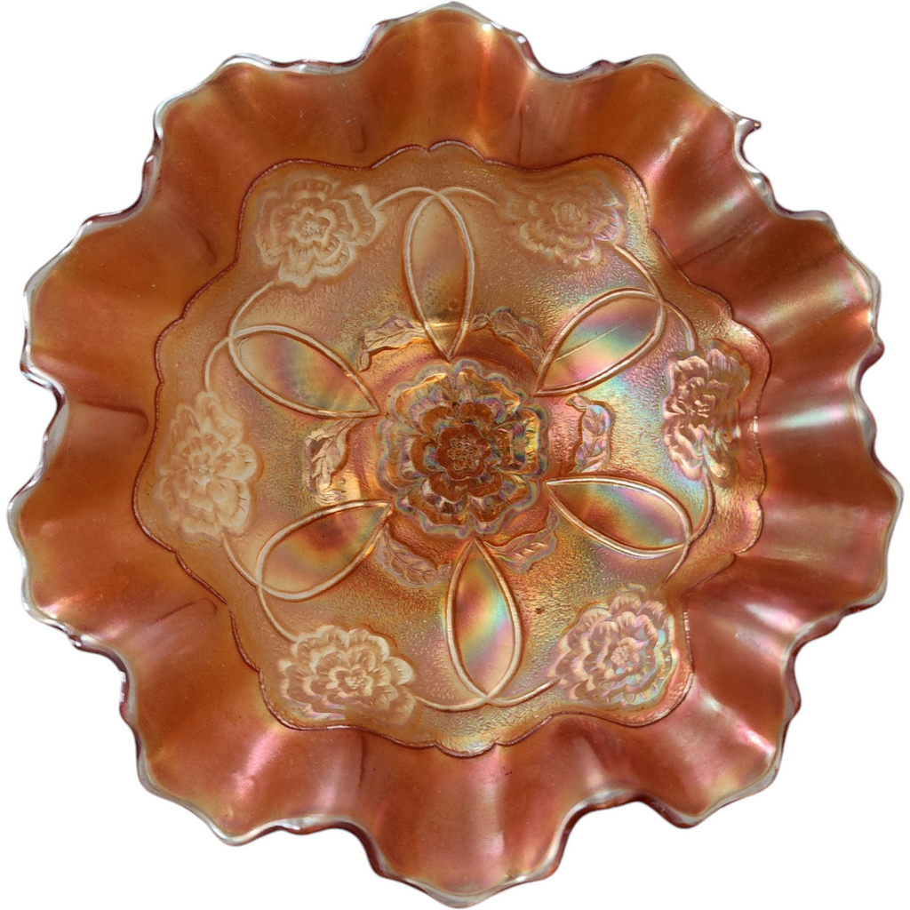 Dugan Art Glass Double Stem Rose Golden Marigold Carnival Footed Bowl