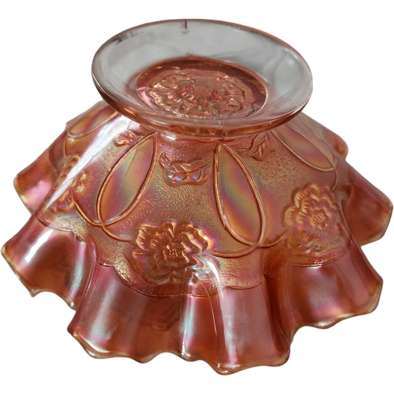 Dugan Art Glass Double Stem Rose Golden Marigold Carnival Footed Bowl