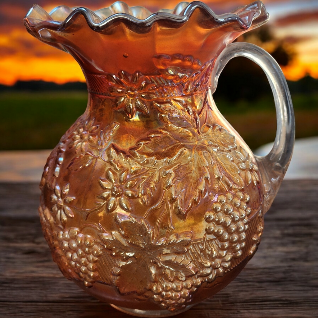 Dugan Glass Floral and Grape Marigold Carnival Pitcher