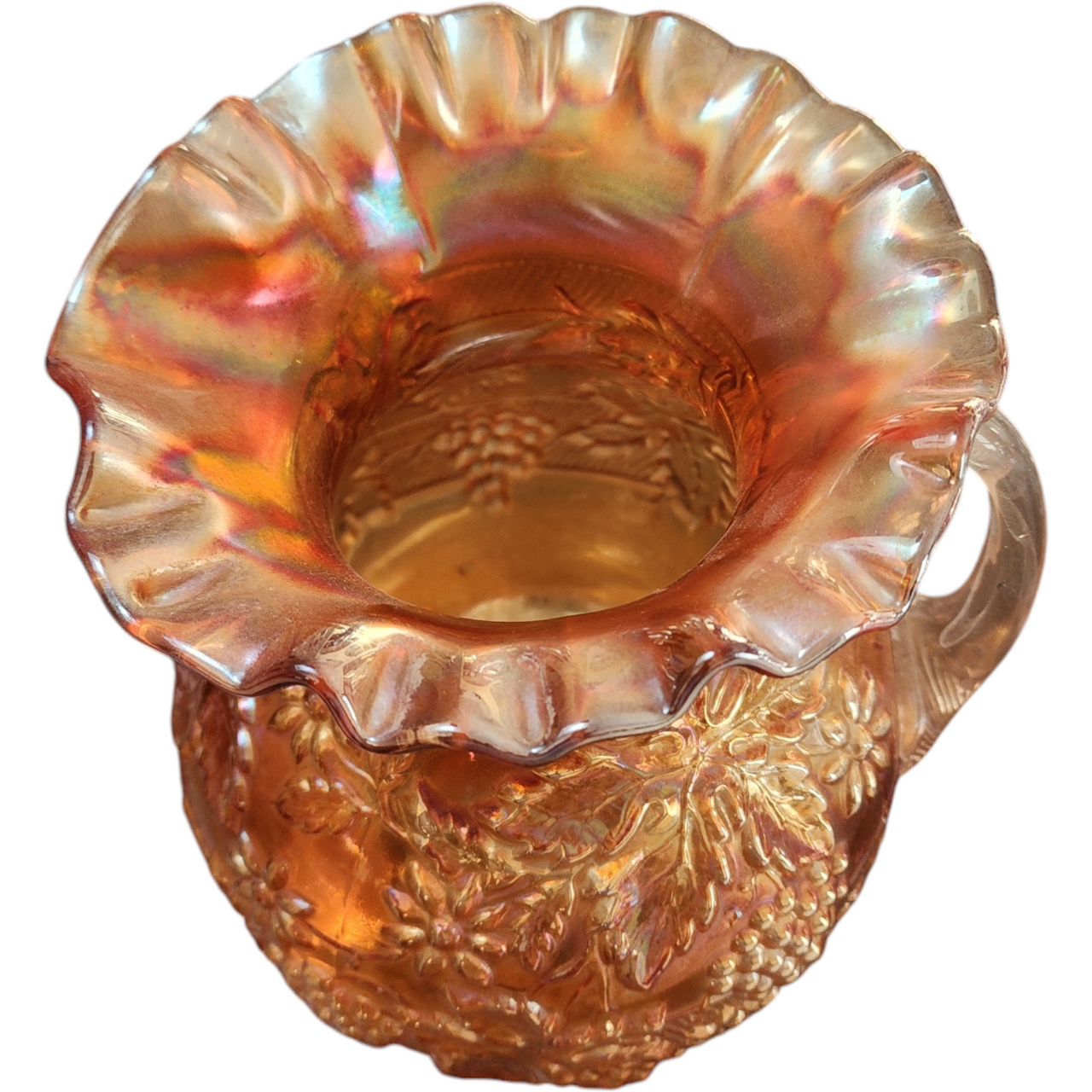 Dugan Glass Floral and Grape Marigold Carnival Pitcher