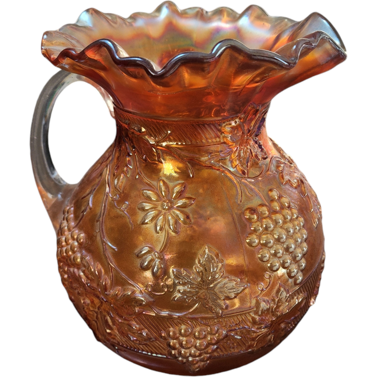 Dugan Glass Floral and Grape Marigold Carnival Pitcher