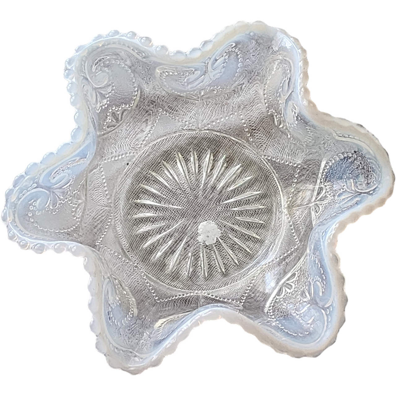 Dugan Sweetheart White Opalescent Round Crimped Bowl