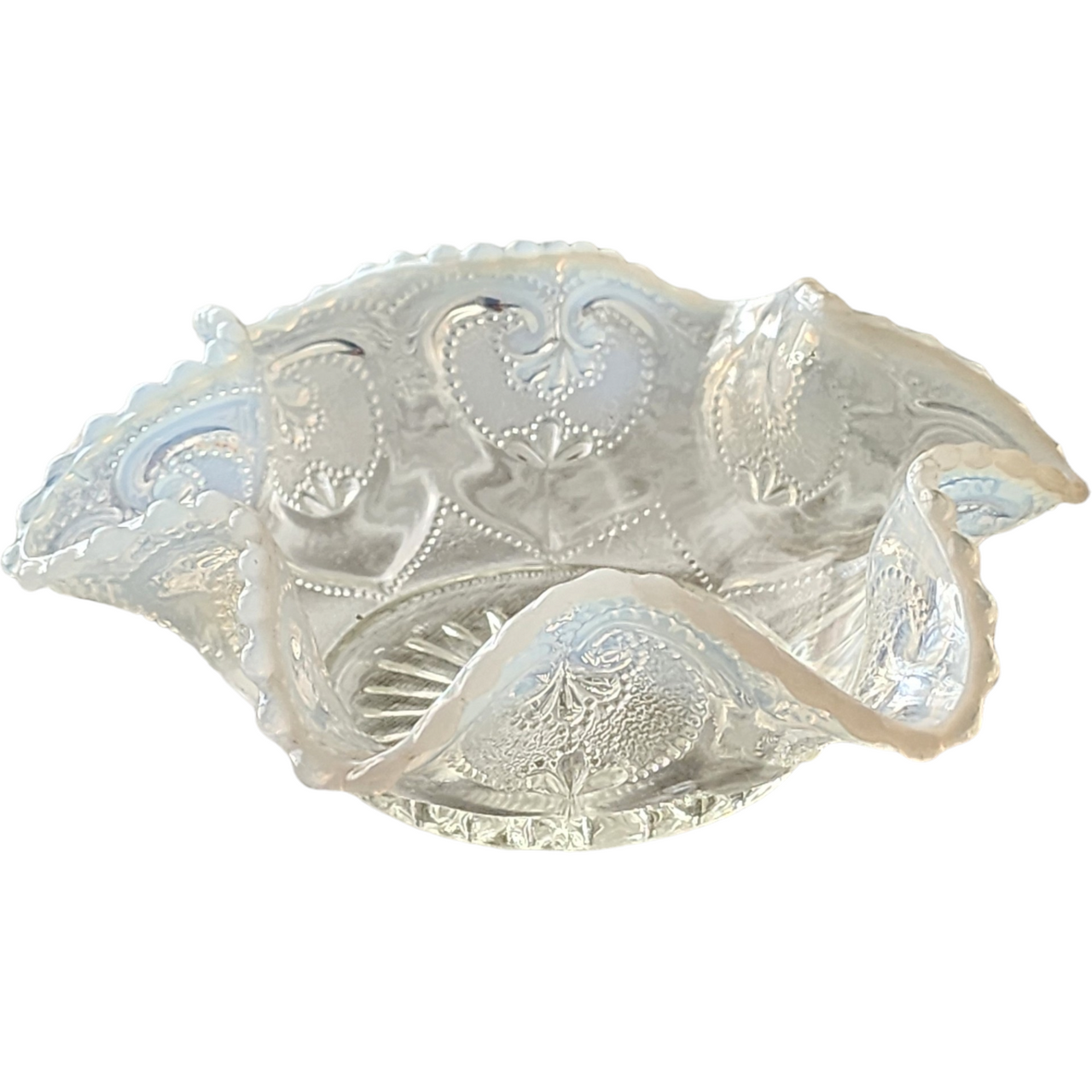 Dugan Sweetheart White Opalescent Round Crimped Bowl