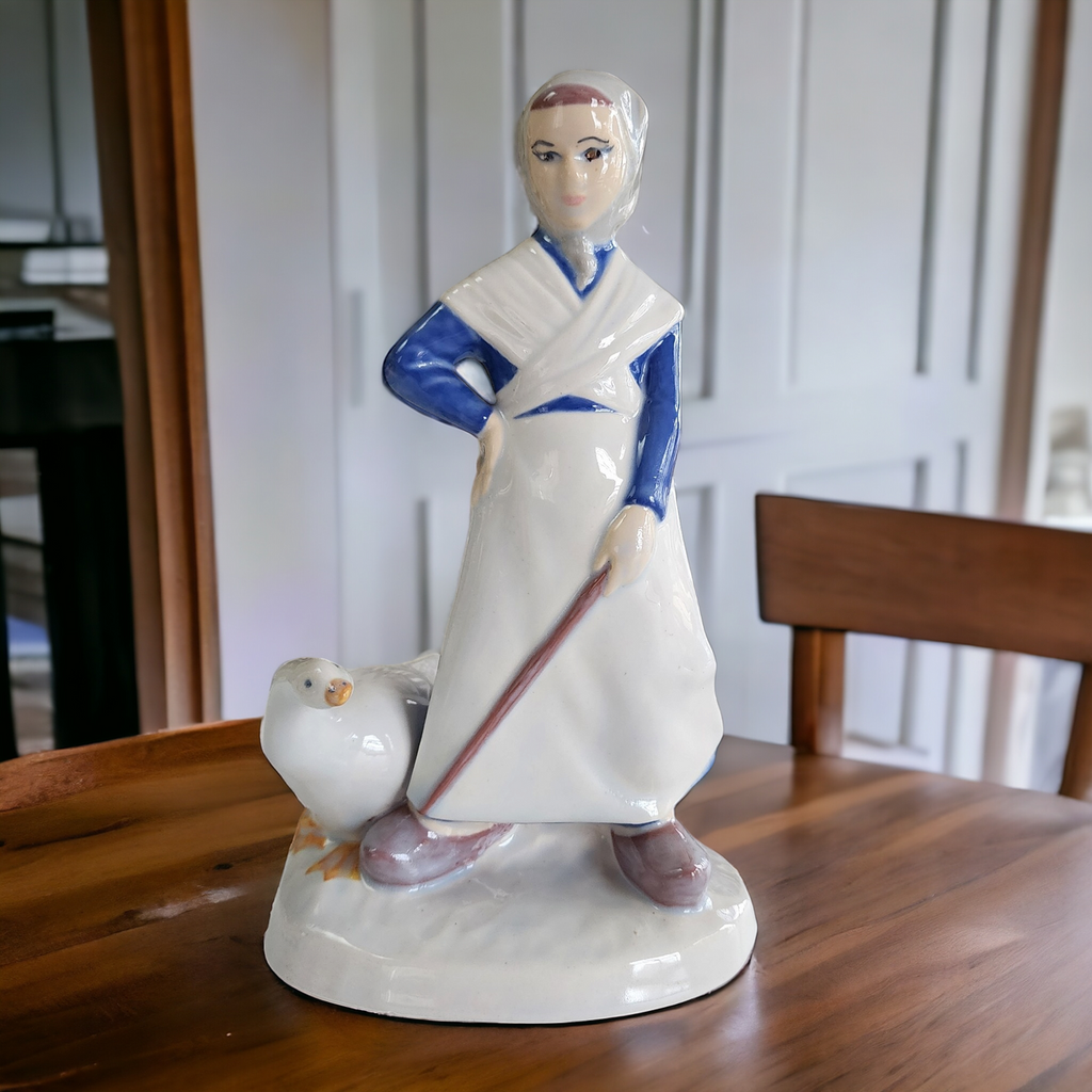 Duncan Ceramic Blue White Dutch Girl Goose Porcelain Figurine Japan
