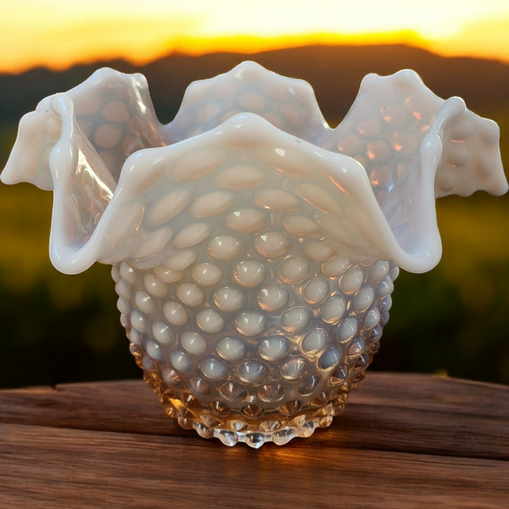 Duncan & Miller Hobnail Pink Opalescent Crimped Vase