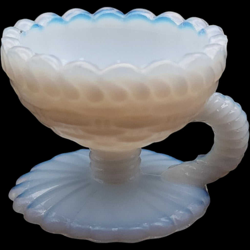 EAPG Atterbury Milk Glass Basketweave Pedestal Open Salt Cellar Dip