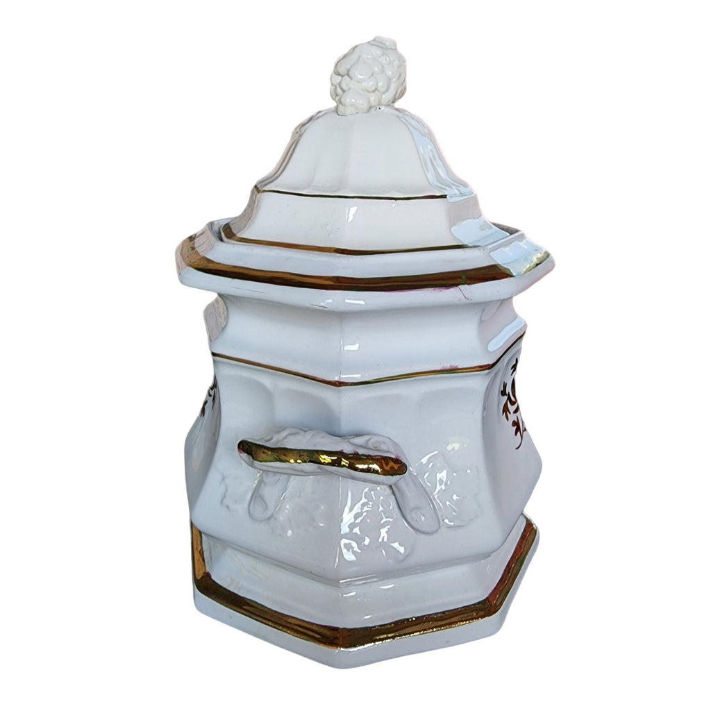 Edward Walley Grape Octagon White Ironstone Copper Pomegranate Motif Covered Sugar Bowl