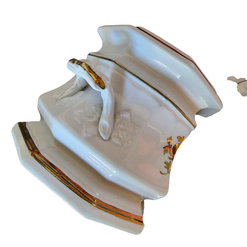 Edward Walley Grape Octagon White Ironstone Copper Pomegranate Motif Covered Sugar Bowl