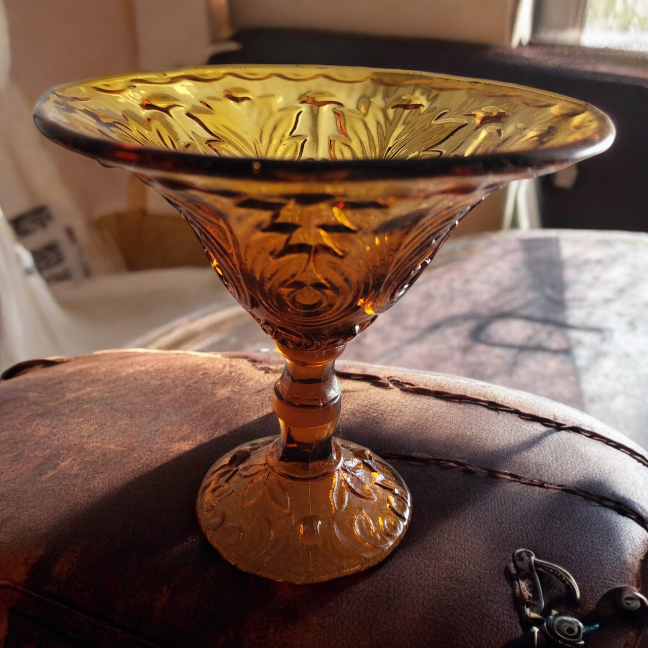 Early American Pattern Glass EAPG Amber Peanut Compote Dish