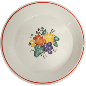 Edwin Knowles Multicolor Fruit Tan Background Red Trim Pie Pan Plate / Dish