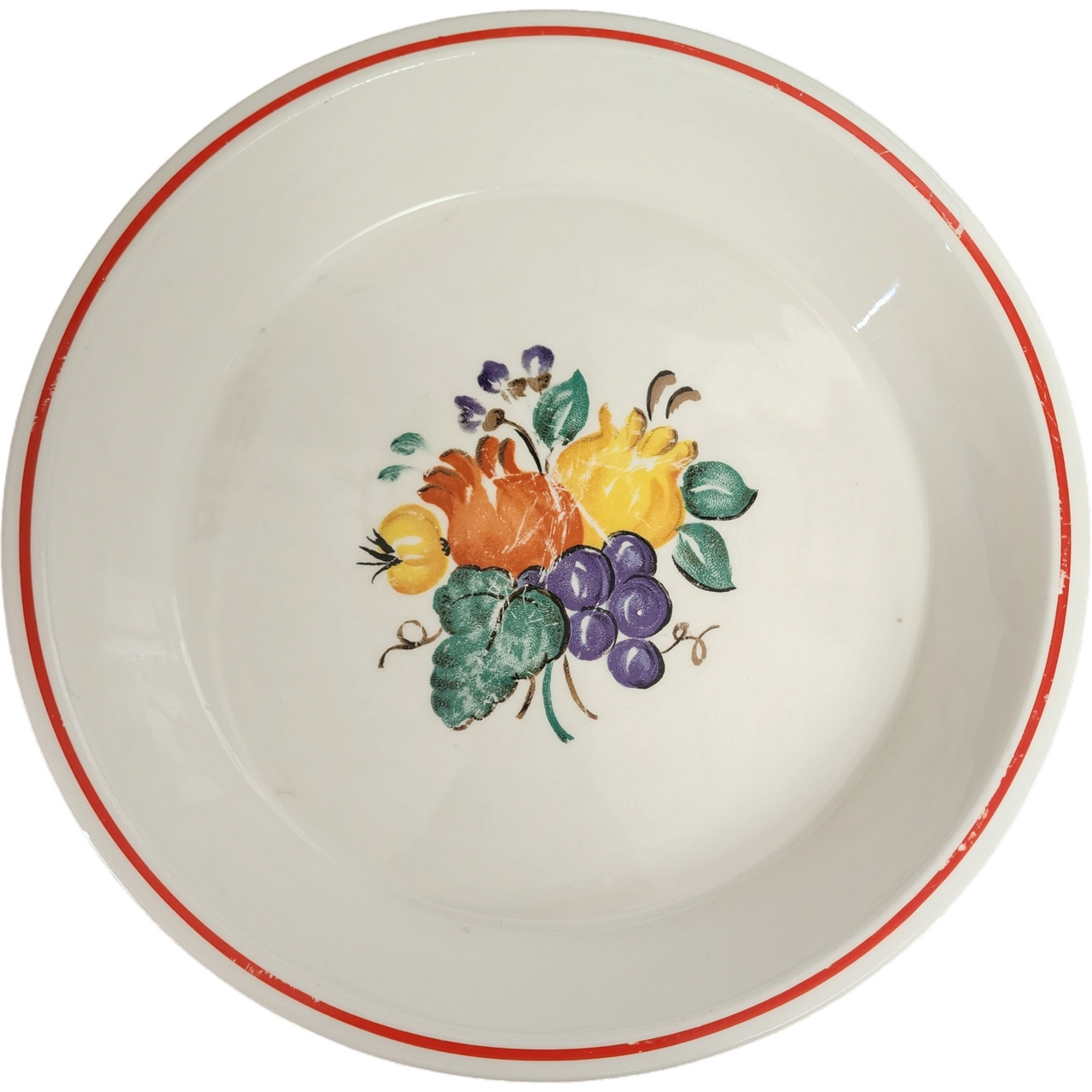 Edwin Knowles Multicolor Fruit Tan Background Red Trim Pie Pan Plate / Dish
