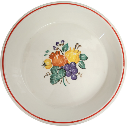 Edwin Knowles Multicolor Fruit Tan Background Red Trim Pie Pan Plate / Dish